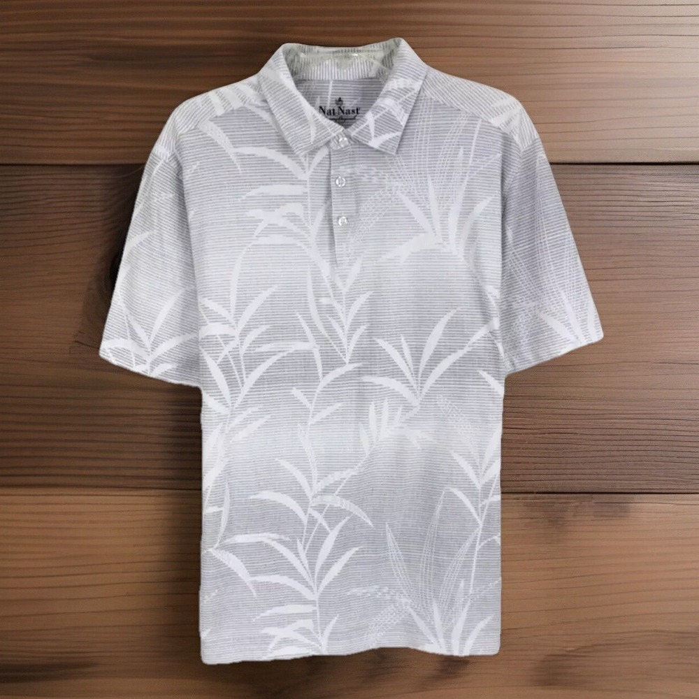 Nat Nast Polo Shirt Men's Size L Gray Striped Short Sleeve Luxury Orginal